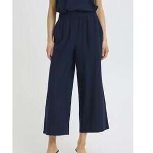 B. Young Trousers Blue Linen Blend Women 42 Stretch Lightweight Comfort Wide Leg